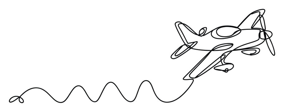 Stylized single continuous line airplane flying with a wavy flight path for modern travel concepts and transportation graphics