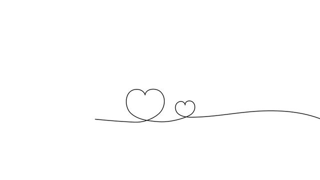 一筆書きのハートの線画。一本の黒い糸が大小2つの寄り添うハートを紡ぐデザイン。家族愛や恋愛を表現したシンボル背景。シンプルでおしゃれなドローイングアニメーション