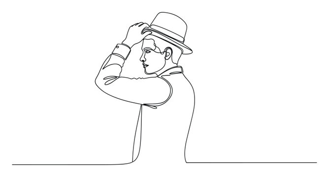 Elegant single line drawing of a dapper man tipping his hat, suitable for event branding or fashionrelated designs.