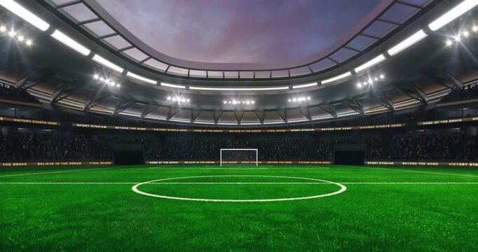 Football and soccer field at a sports stadium with shining spotlights and fans ready for the upcoming grand sporting event. Loopable professional sports advertisement video background.