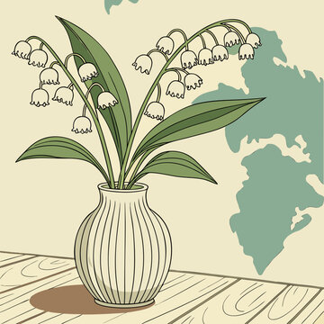 Hand-drawn green garlic plant in textured vase with world map background illustration
