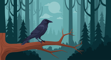 Obraz premium Raven perched on branch in misty conifer forest at dusk