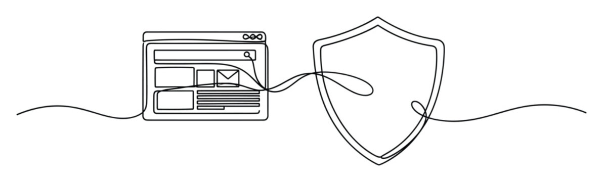 Continuous line drawing of web browser and shield symbolizing internet security and digital data protection.