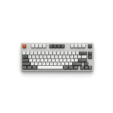 Minimalist Custom Mechanical Keyboard with Grey and White Keycaps and Orange Accent on White Background - Top Down View