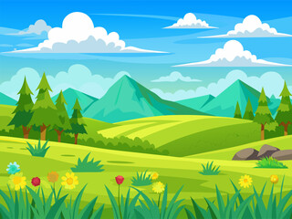 Fototapeta premium Wildflower meadow with rolling hills and distant mountains sunlit landscape