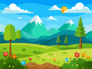 Fototapeta premium Mountains with snow caps overlooking rolling green meadow
