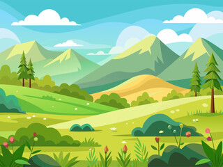 Fototapeta premium Rolling green hills with distant mountains under blue sky