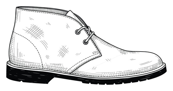 Detailed handdrawn black and white sketch of a classic desert boot, perfect for apparel catalogs or style publications