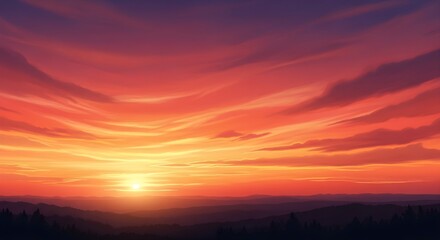 Obraz premium Breathtaking sunset over a mountain landscape with vibrant orange and purple clouds filling the sky