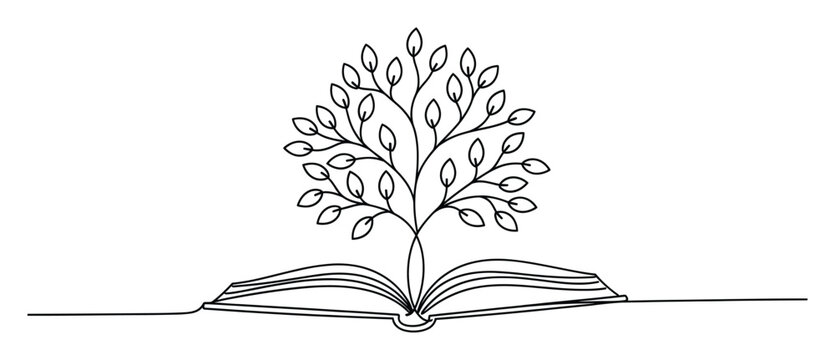 Line art tree growing from open book symbolizing knowledge and education suitable for literature and learning materials