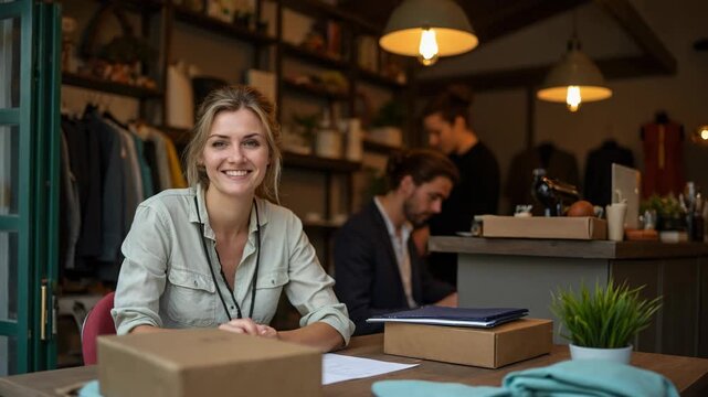 Business owner with parcel at table in her tailor shop.