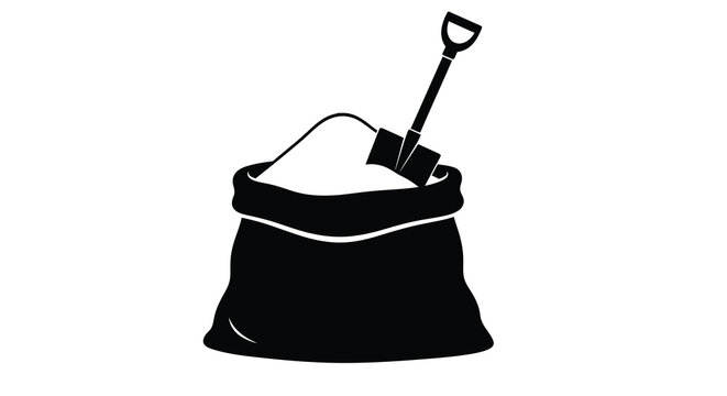 Black and white illustration of a bag with gardening tools inside