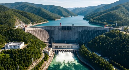 Fototapeta premium Aerial view of a large hydroelectric dam with water spouting from the base, surrounded by lush green mountains and trees under a clear sky.