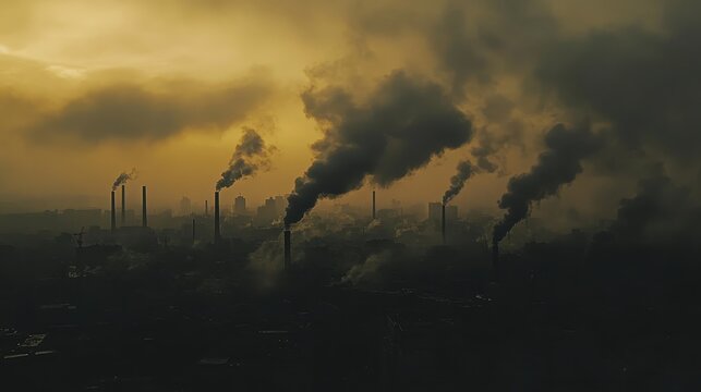 Dense industrial smoke billows from factory chimneys across a smog-filled city landscape under overcast skies, creating a starkly contrasting, polluted atmosphere.