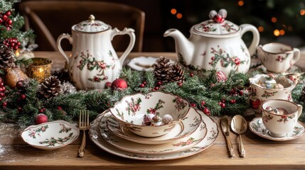 Fototapeta premium Beautifully Set Christmas Dinner Table with Festive Holiday China and Silverware Creating a Warm and Cozy Ambiance