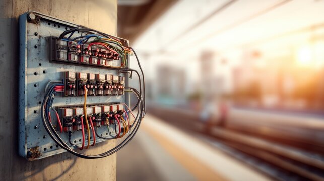 Detailed railway signaling control box with exposed electrical components and wires beside a train platform