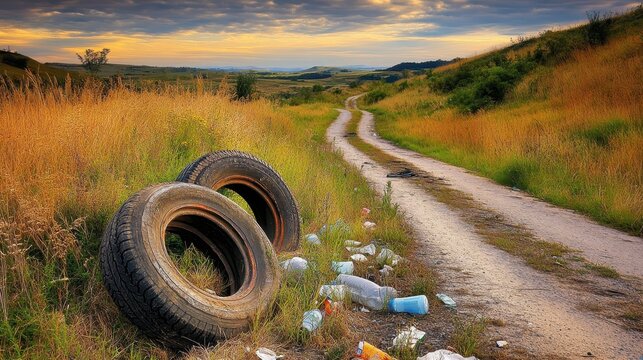 Discarded tires and plastic bottles littering a rural dirt road ditch under a cloudy sky.