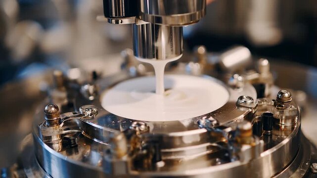 Milk pouring from a nozzle into a machine at a dairy plant in the morning