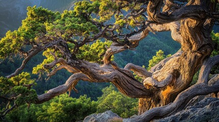 Fototapeta premium Ancient gnarled tree with twisted branches on mountainous terrain bathed in soft light, showcasing natural resilience and beauty.