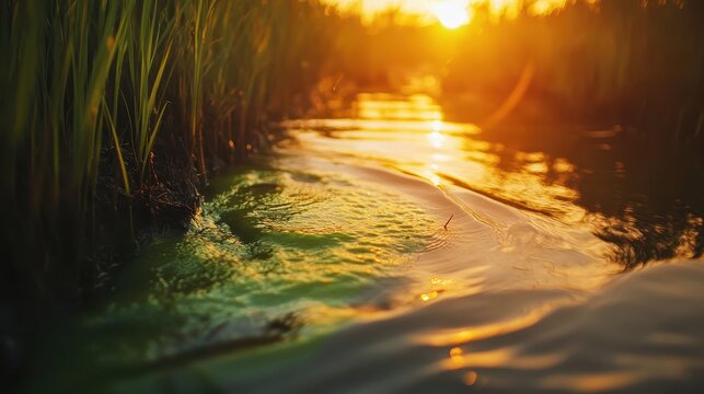 Contaminated water seeps into marshlands near a polluted river during a soft, golden sunset