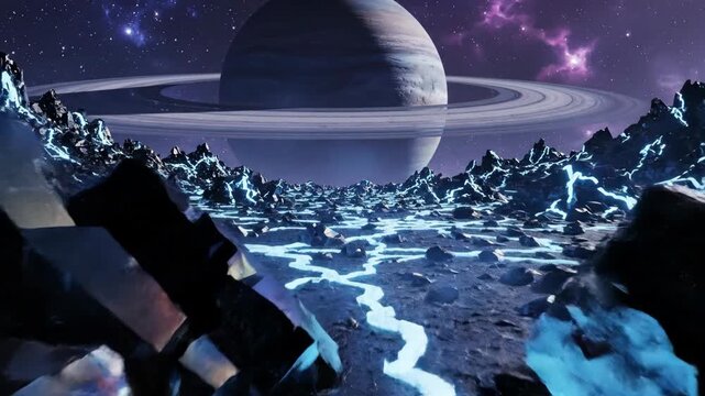 Alien landscape with glowing cracks and distant ringed planet under a vibrant, starry night sky