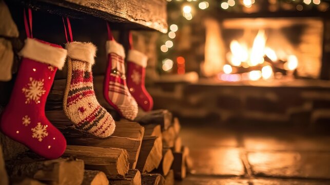 Cozy Christmas fireplace with holiday stockings and a roaring fire, showcasing natural wood textures and soft ambient lighting for a warm indoor scene.