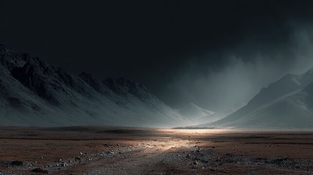 A dramatic landscape of a mountain range under a dark and stormy sky with a beam of light shining through the clouds