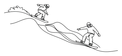 Obraz premium Dynamic continuous line depiction of two snowboarders gliding down a snowy mountain for winter sports promotions.