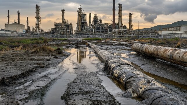 Industrial pollution seeping contaminated water into wetlands near a sprawling factory complex under overcast skies