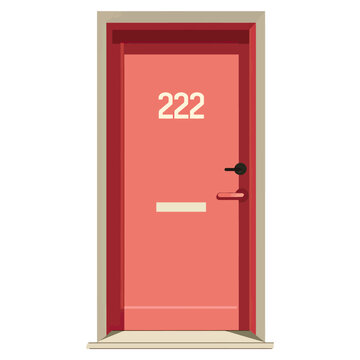 Flat illustration of red hotel door with number 222 and handle, accommodation interior concept.