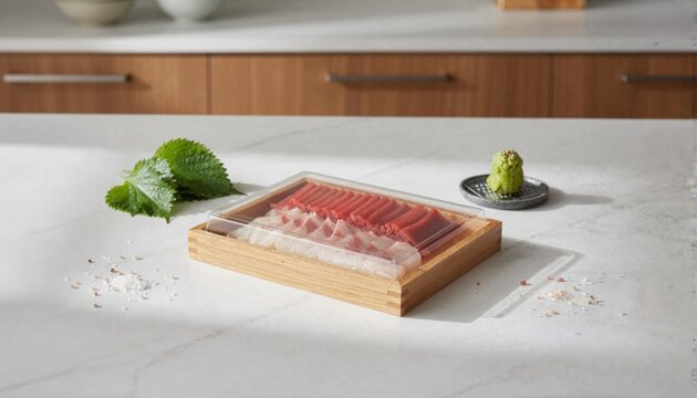 Fresh sashimi selection with wasabi and shiso on marble