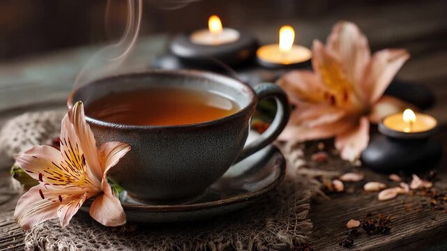 Warm tea in a cup with flowers and candles on a wooden table in a cozy setting during the evening