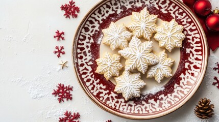 Fototapeta premium Festive Snowflake Christmas Cookies Artfully Arranged on a Vintage Plate with Powdered Sugar and Red Ornaments