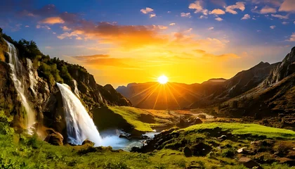 Fototapete Reflection Majestic waterfall cascades down a cliffside into a valley at sunset, vibrant colors of the sky reflected in the water  © David