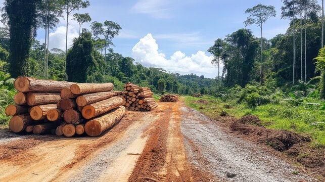 Freshly cut logs stacked by a dirt road in a deforested jungle clearing, showcasing environmental impact.