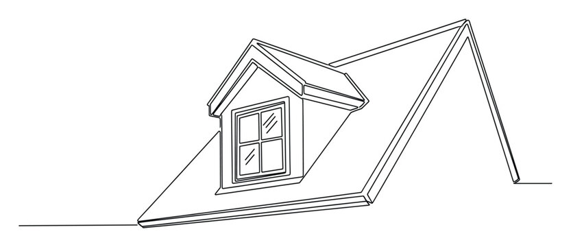Minimalist contour drawing of a residential dormer window and roof structure, useful for construction blueprints and property advertisements