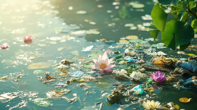 Polluted lake with floating trash and a single pink lotus flower in bright sunlight, showcasing environmental crisis.