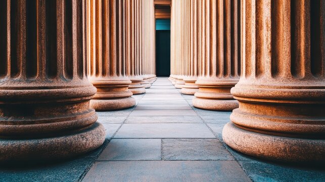 Row of Grand Classical Stone Columns Guiding Towards Government Building Entrance