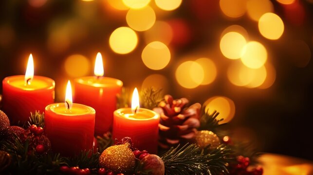 Warm Holiday Christmas Wreath Adorned with Glowing Candles and Festive Decorations