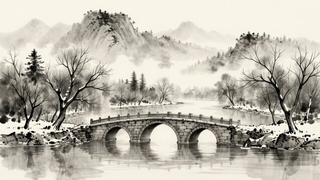 Stone Bridge over River in Misty Mountain Landscape