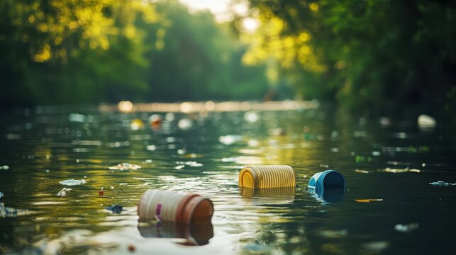 Plastic containers float on the surface of a polluted river, highlighting environmental contamination and ecological threat.