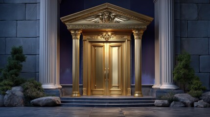 Obraz premium A grand golden door framed by classical columns and stone steps, set against a dark backdrop with plants and rocks on either side.