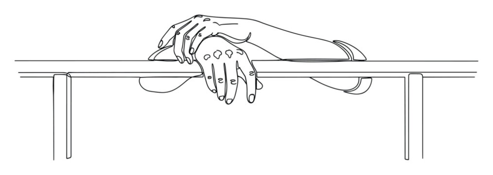 Monoline drawing of hands resting on parallel bars, symbolizing support and perseverance for health and wellness content.
