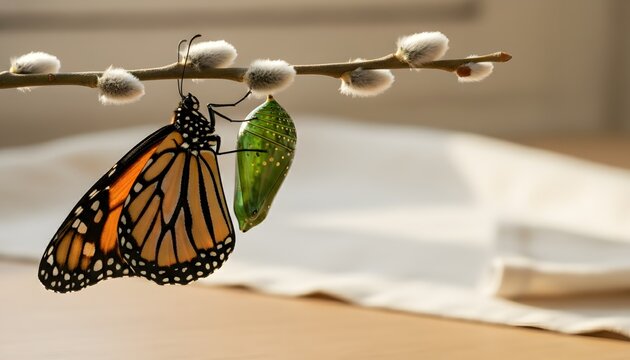 Monarch butterfly emerging from cocoon on a pussy willow branch, representing rebirth and new life for spring Easter holiday concept with soft natural light