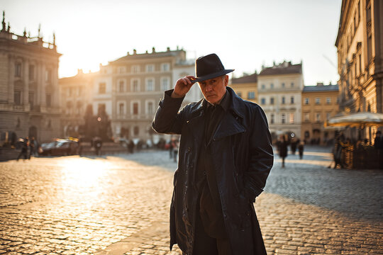 Mysterious older man in trench coat and fedora tipping his hat on a sunlit European cobblestone square at golden hour