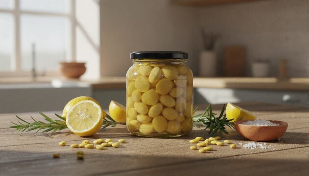 Glass jar of yellow lupin beans on a rustic wooden table with fresh ingredients