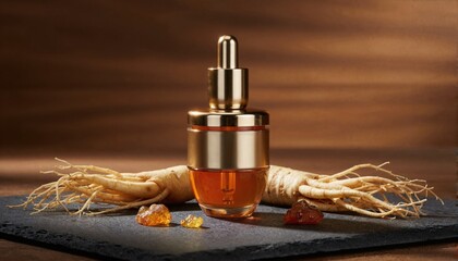 Fototapeta premium Gold and amber cosmetic dropper bottle surrounded by raw ginseng roots on slate