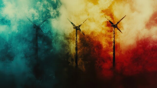 Vibrant wind turbines stand against a backdrop of colorful smoke, symbolizing renewable energy battling air pollution.