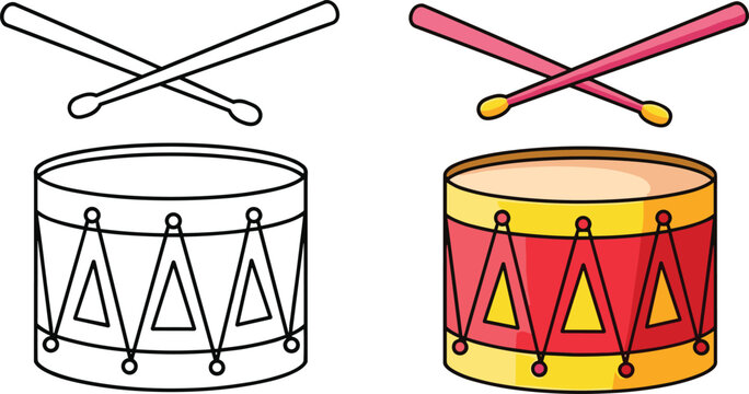 Drum with drumsticks vector illustration set in flat and outline style, musical percussion instrument icons for music, band and rhythm design