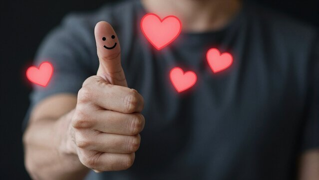 A person giving a thumbs-up gesture with a smiley face on the thumb and floating red heart icons, symbolizing positivity and love.